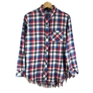 Beachlunchlounge Fringed Plaid Flannel Top Button Front Long Sleeves Red Sz S